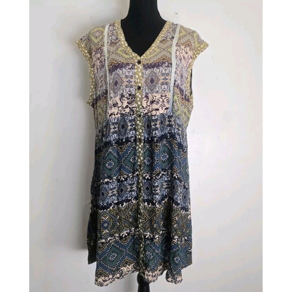 Oddy Shirt Dress Medium Mixed Print Crochet Detail Knee Length Boho Hippie - Picture 1 of 9